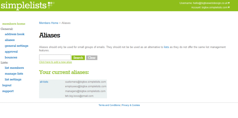 Managing aliases in the settings page A screenshot of managing alias settings in Simplelists