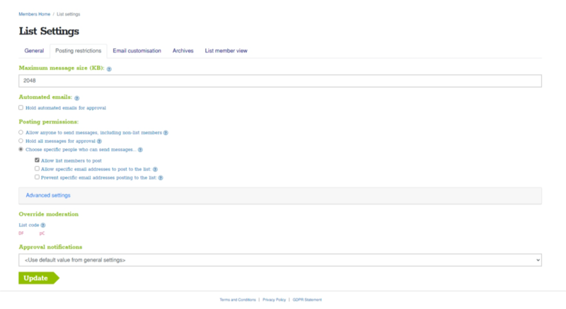 A screenshot of the Simplelists list settings page