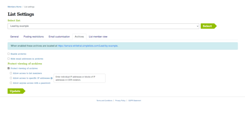 A screenshot of the Simplelists archives settings page